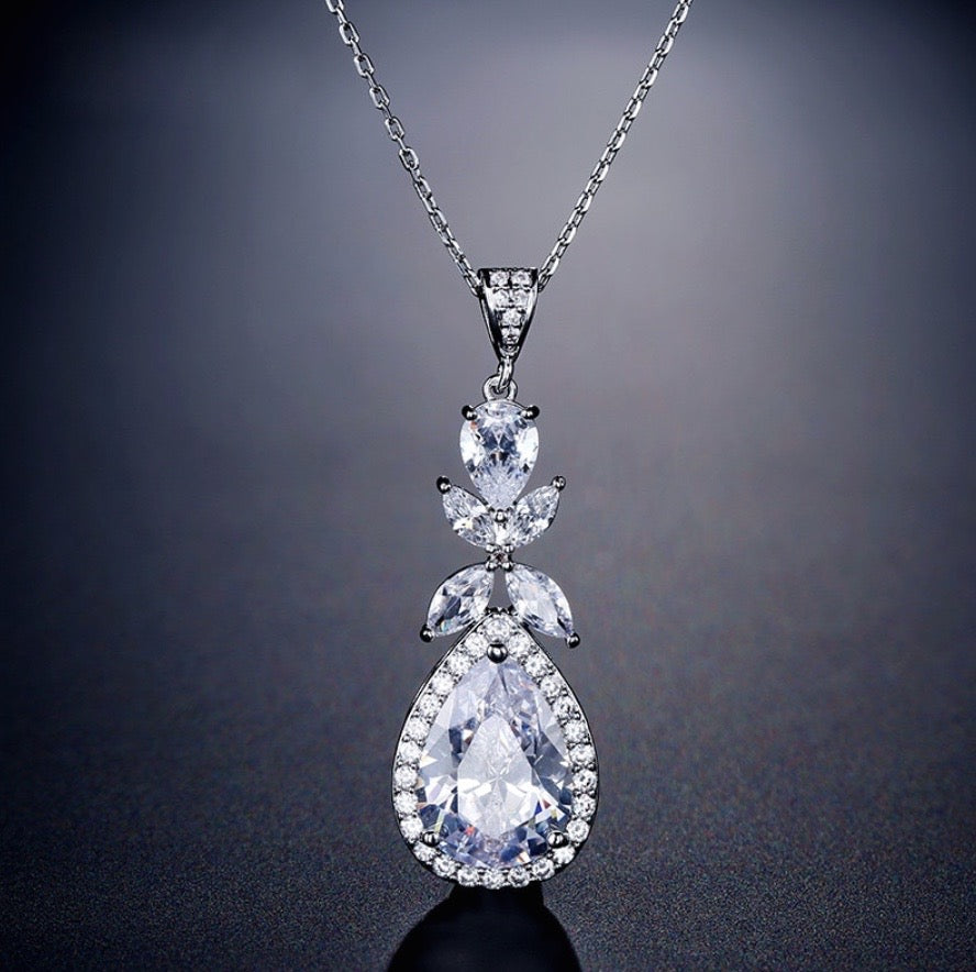 Kendra - Cubic Zirconia Bridal Backdrop Necklace Earrings Set - Available in Silver and Rose Gold