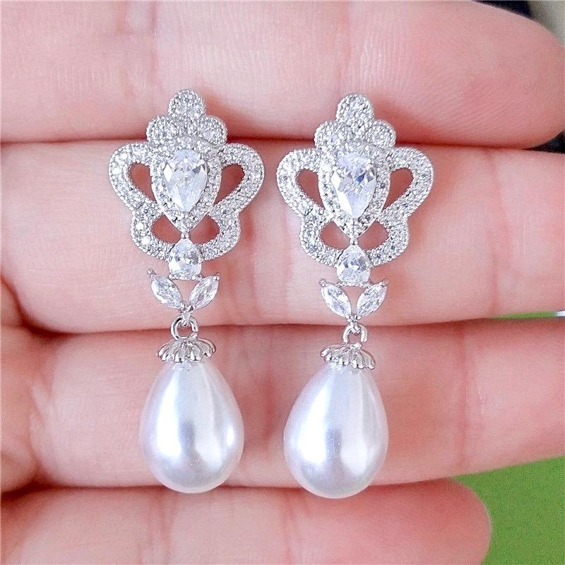 Ayla - Pearl and Cubic Zirconia Bridal Earrings