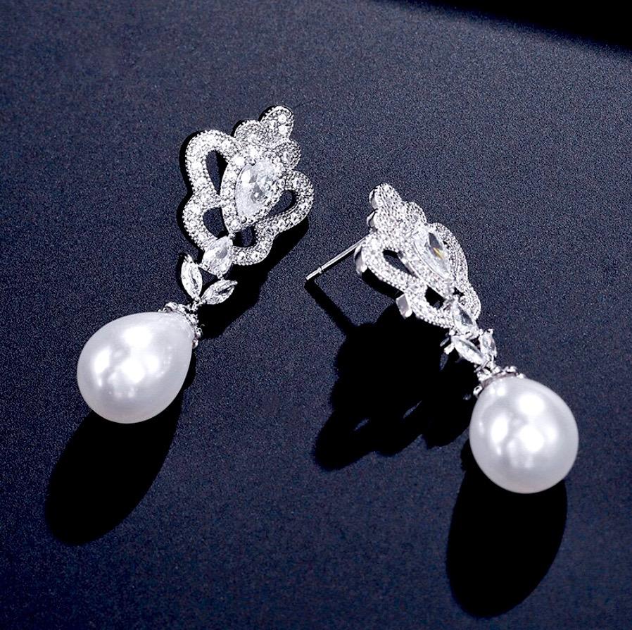 Ayla - Pearl and Cubic Zirconia Bridal Earrings