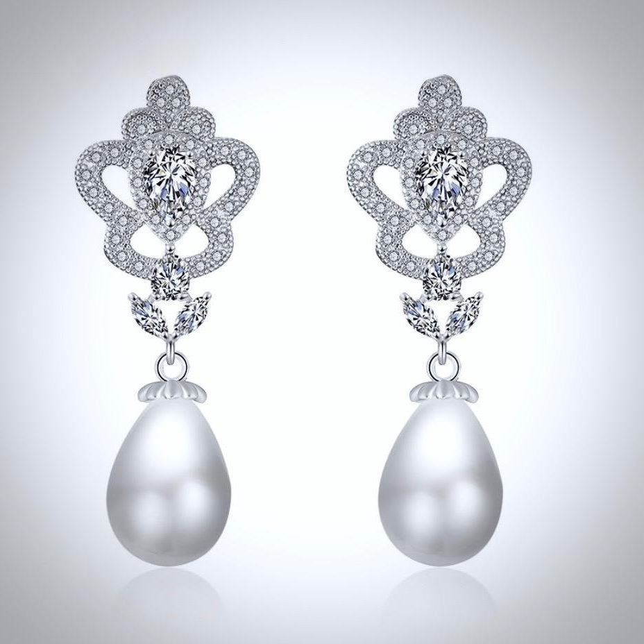 Ayla - Pearl and Cubic Zirconia Bridal Earrings