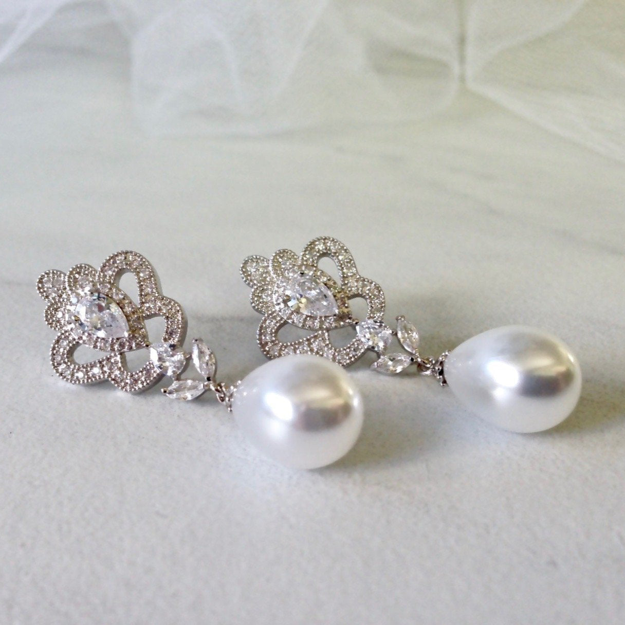 Ayla - Pearl and Cubic Zirconia Bridal Earrings