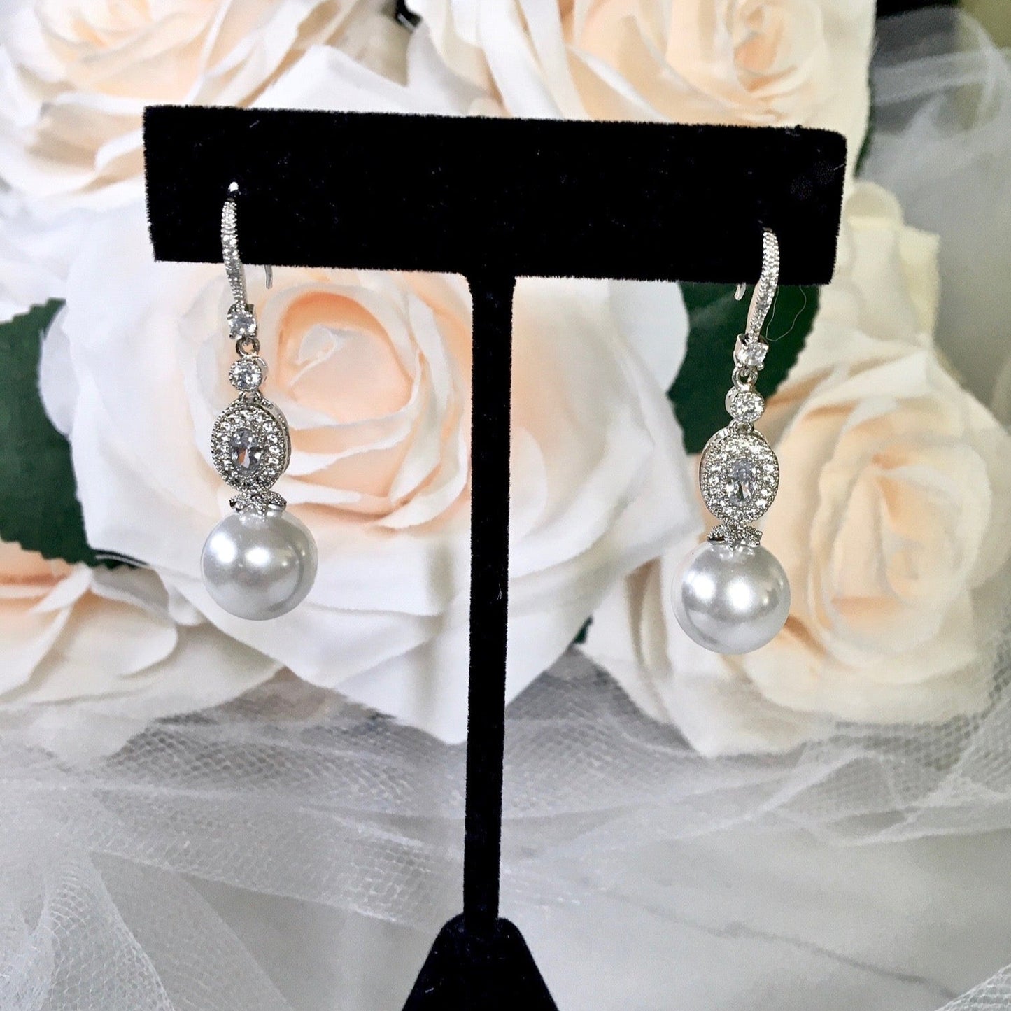 Madelynne - Pearl and Cubic Zirconia Bridal Earrings