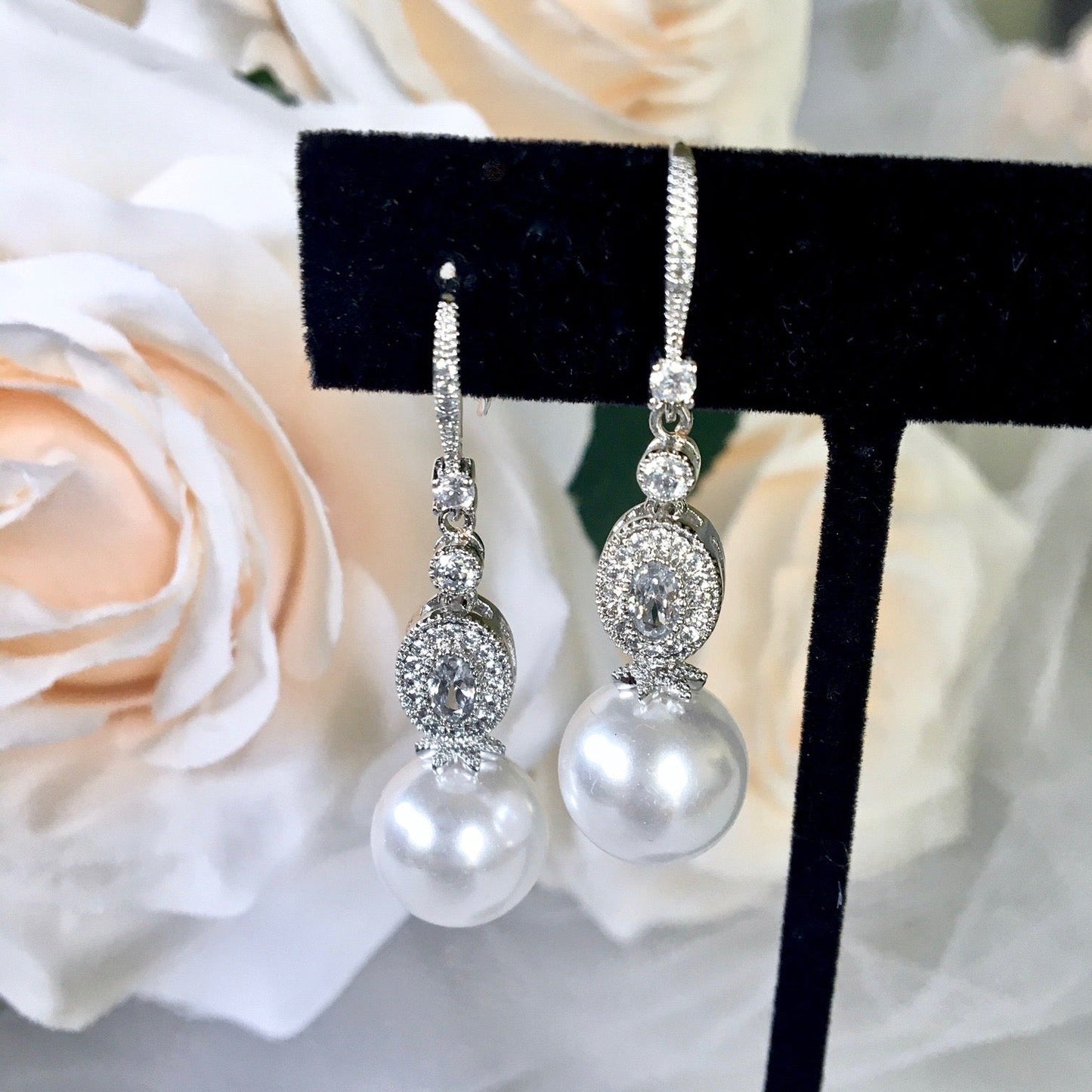 Madelynne - Pearl and Cubic Zirconia Bridal Earrings