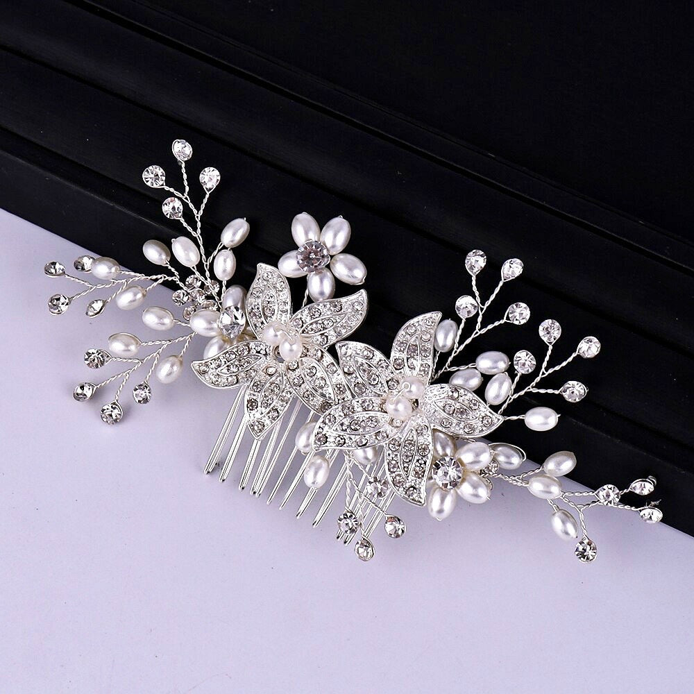 Ellysia - Silver Pearl and Crystal Bridal Hair Comb