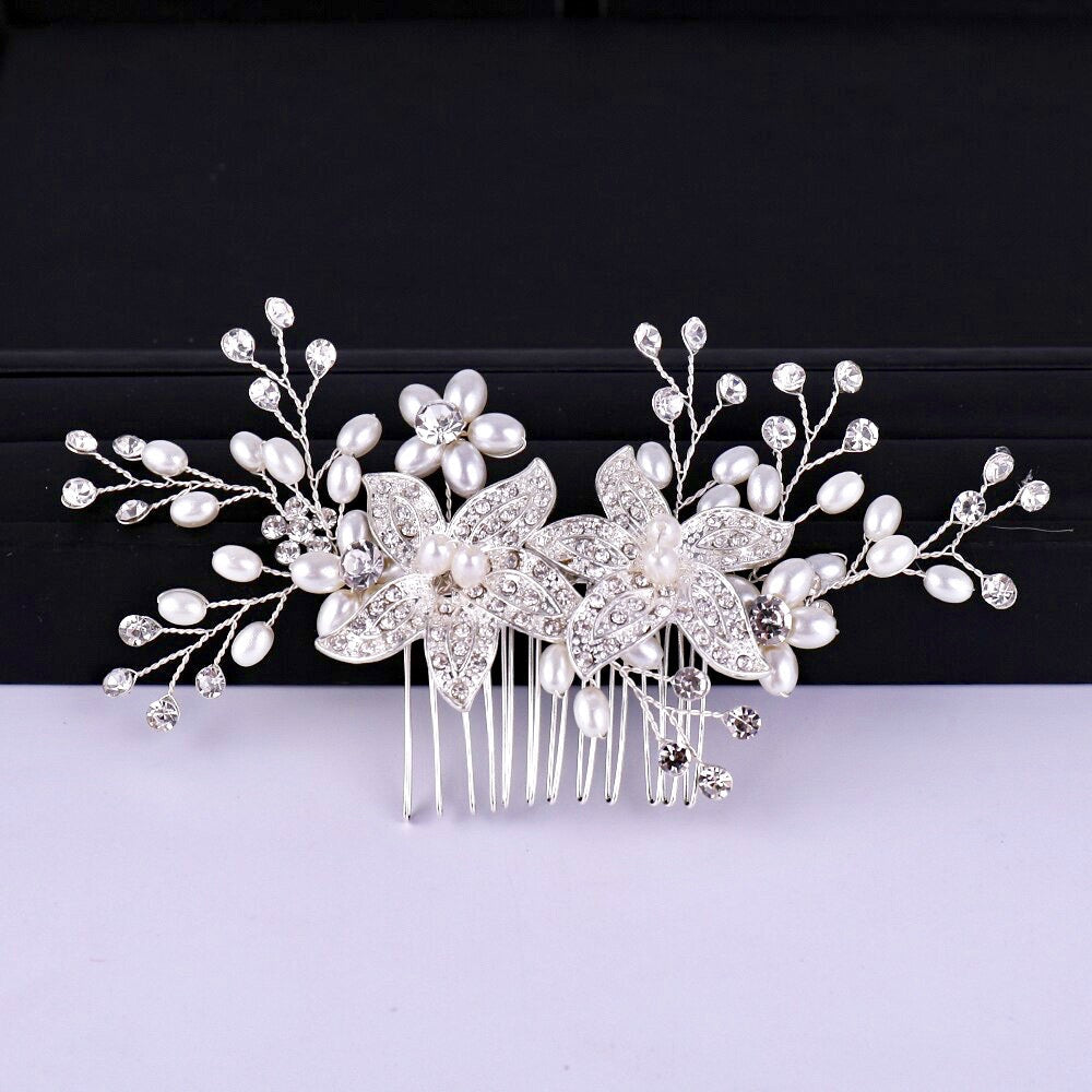 Ellysia - Silver Pearl and Crystal Bridal Hair Comb