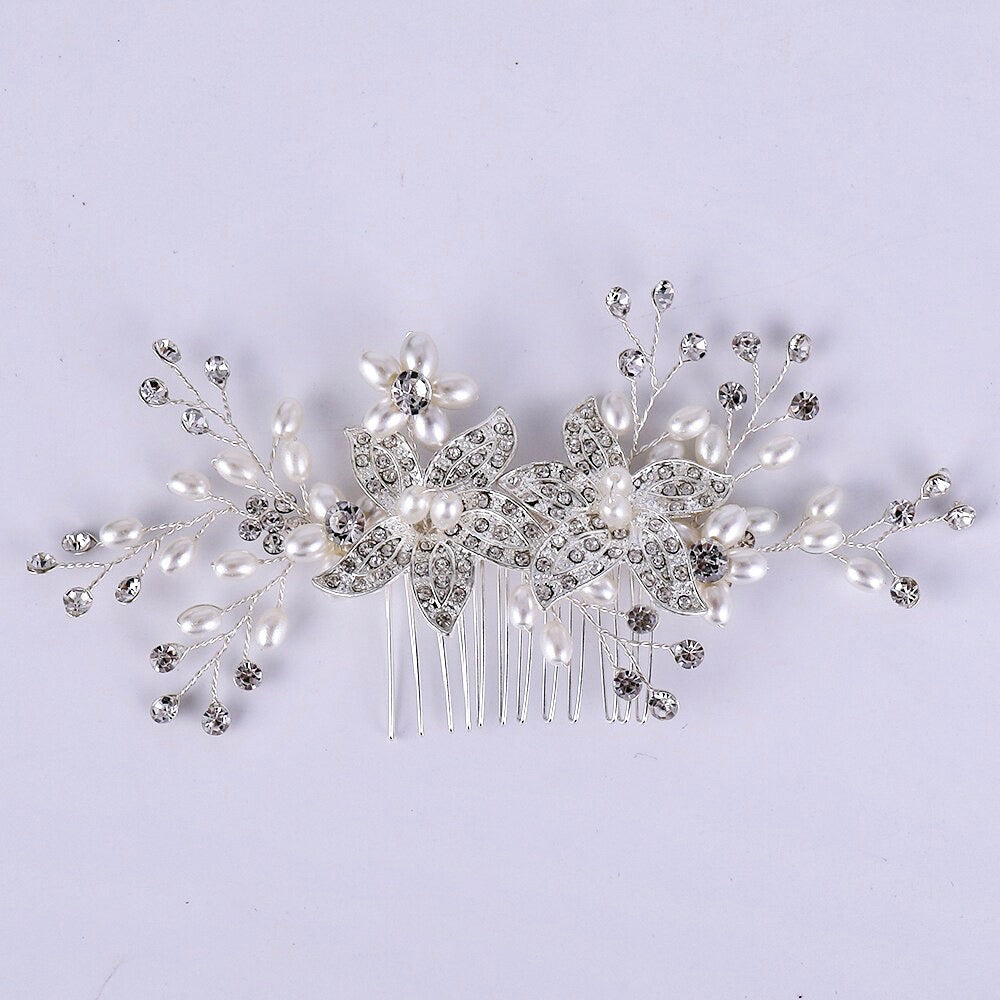 Ellysia - Silver Pearl and Crystal Bridal Hair Comb