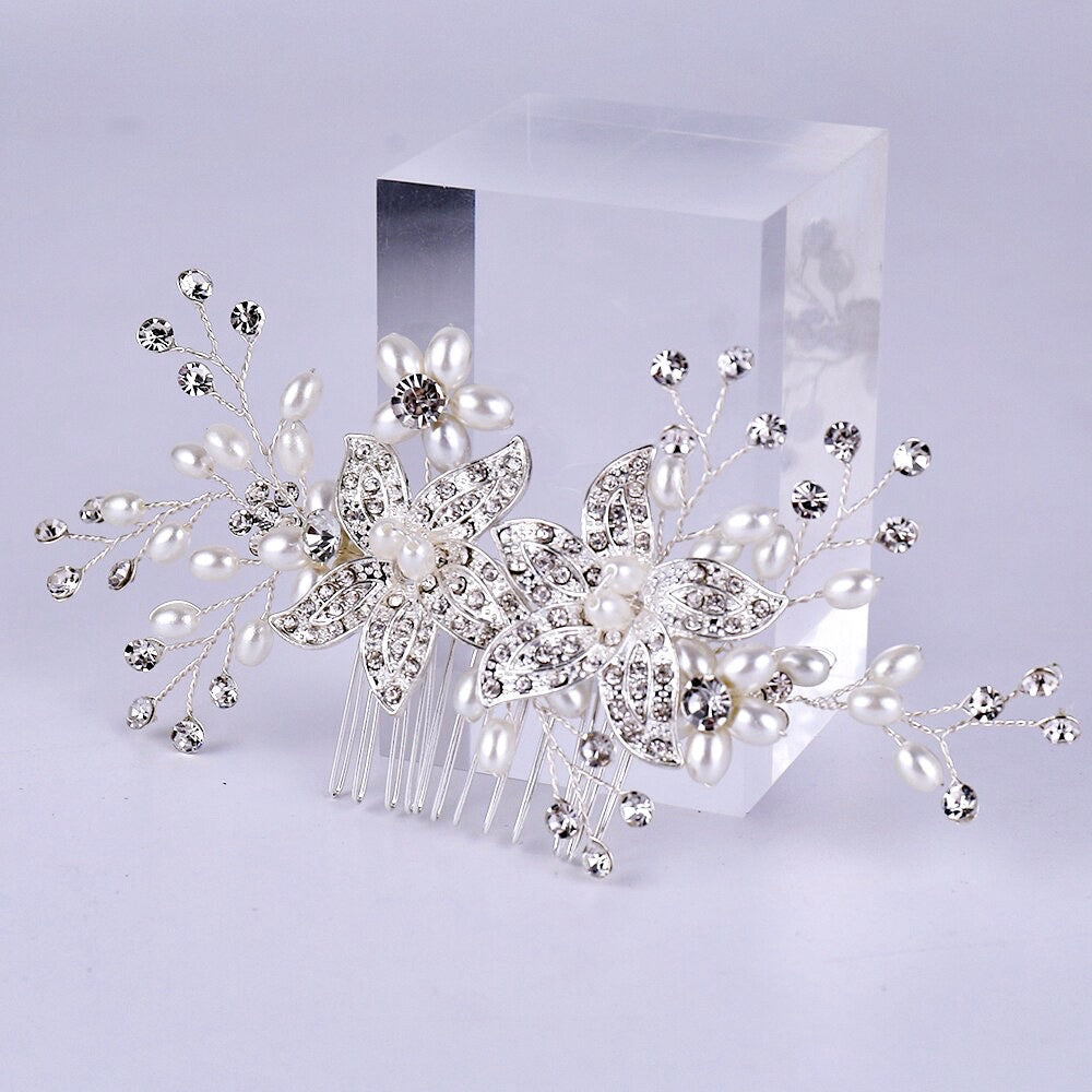 Ellysia - Silver Pearl and Crystal Bridal Hair Comb