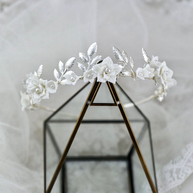 Amaris - Ceramic Flowers and Pearls Silver Bridal Headband