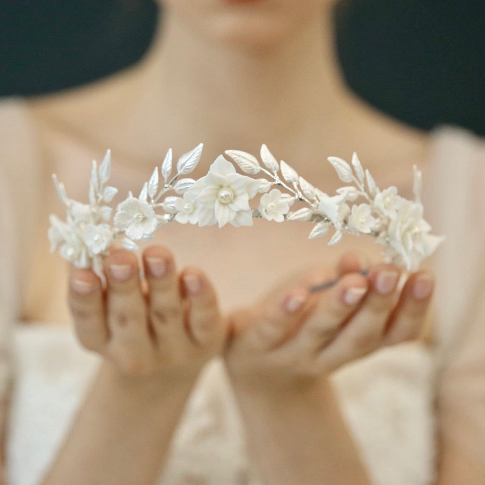 Amaris - Ceramic Flowers and Pearls Silver Bridal Headband