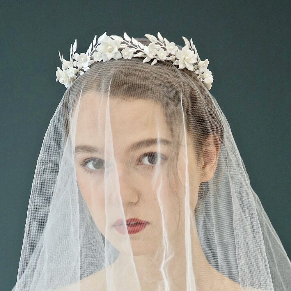 Amaris - Ceramic Flowers and Pearls Silver Bridal Headband