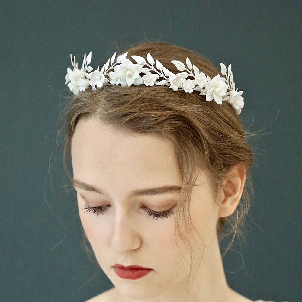 Amaris - Ceramic Flowers and Pearls Silver Bridal Headband