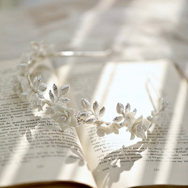 Amaris - Ceramic Flowers and Pearls Silver Bridal Headband