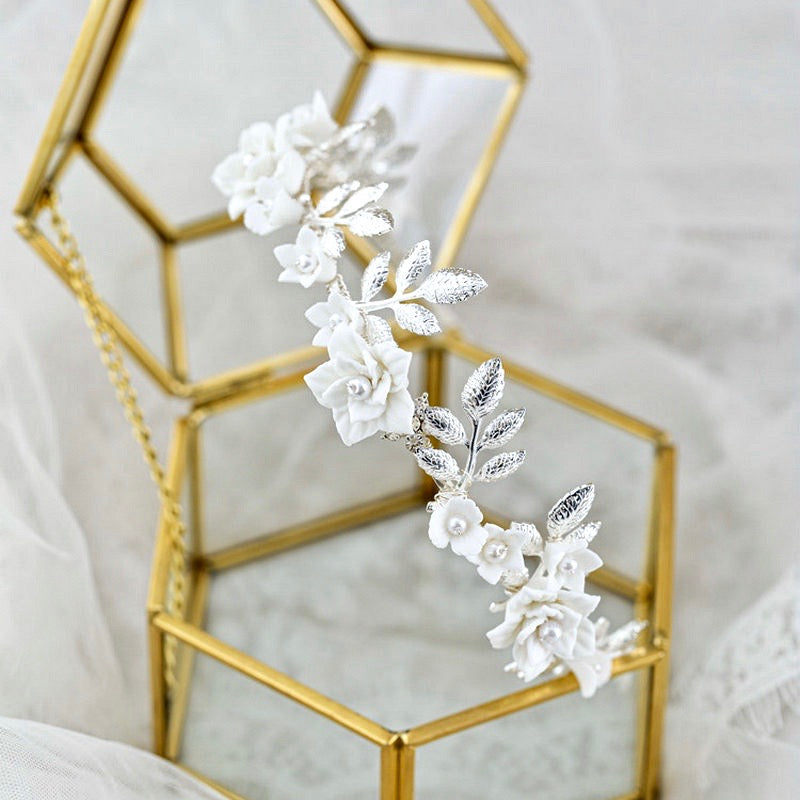 Amaris - Ceramic Flowers and Pearls Silver Bridal Headband