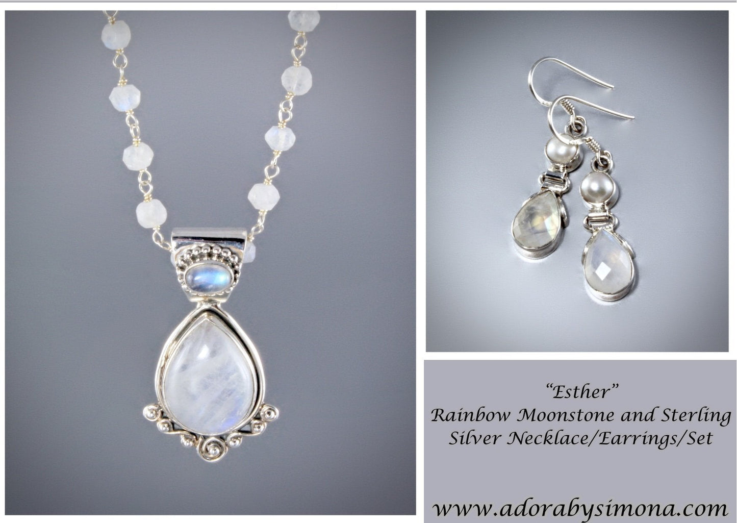 "Esther" - Rainbow Moonstone Bridal Necklace and Earrings Set