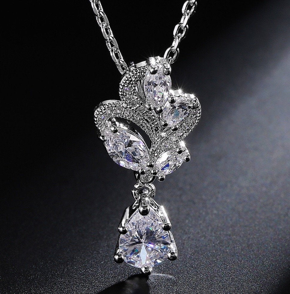 Lotus - Cubic Zirconia Bridal Necklace and Earrings Set - Available in Silver and Rose Gold