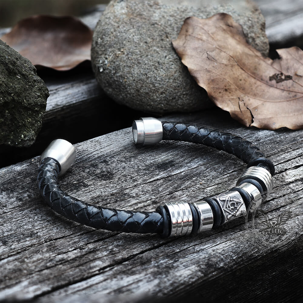 AG Woven Stainless Steel Leather Masonic Bracelet