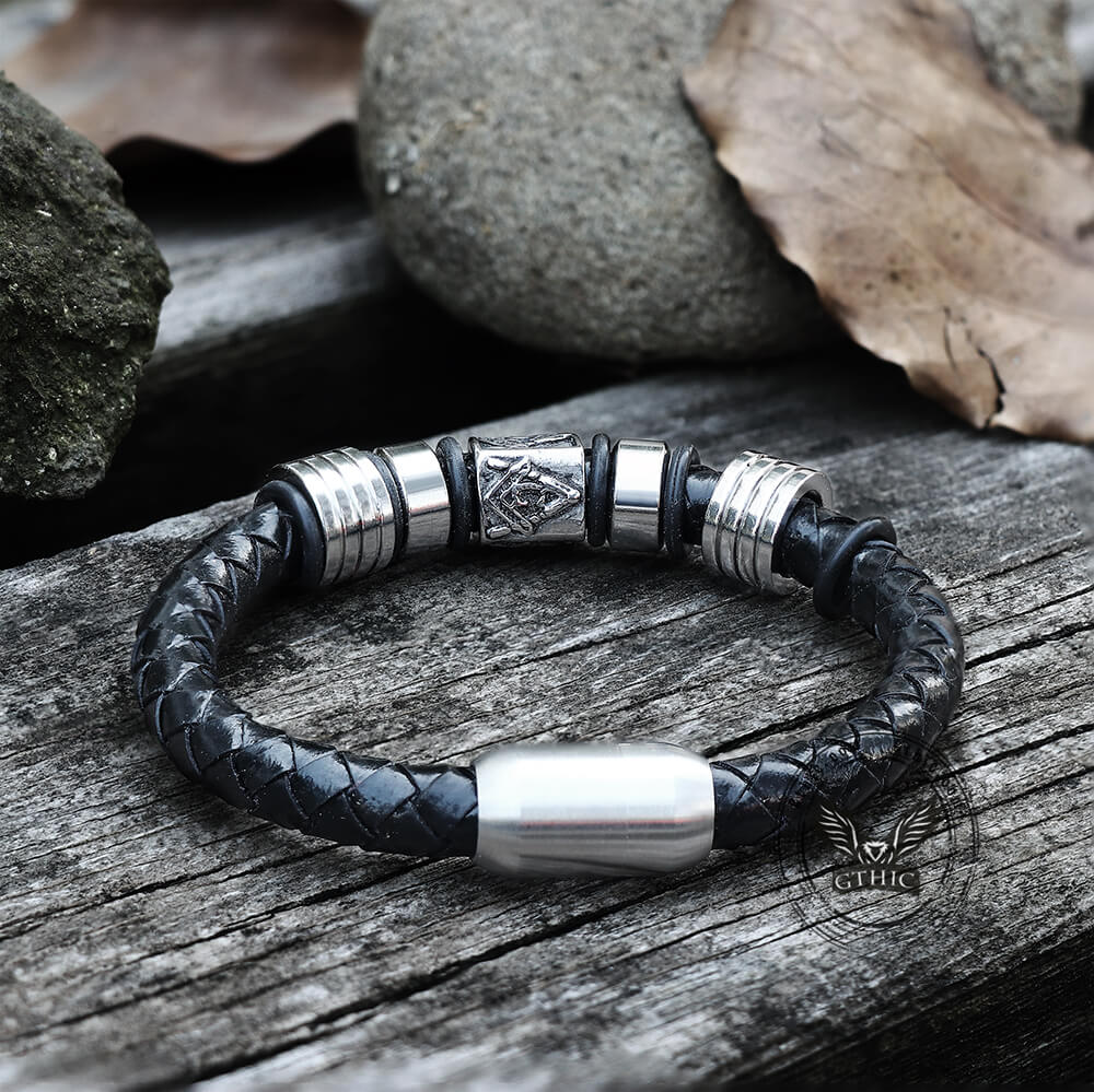 AG Woven Stainless Steel Leather Masonic Bracelet