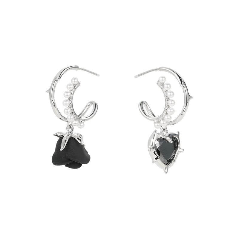 Asymmetric Heart Rose Zircon Stainless Steel Stud Earrings