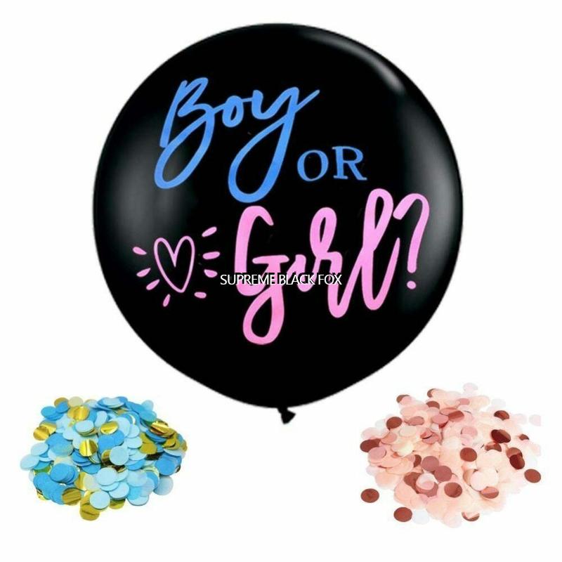 Baby Gender Reveal Confetti Balloon (36 inches) - 36" Big Black Balloons with Pink / Blue Round Confetti Packs Boy Girl - Baby Shower Gender Party Kit