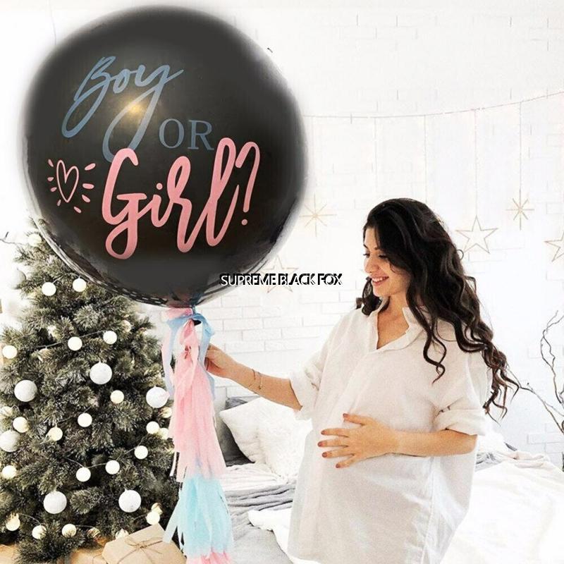 Baby Gender Reveal Confetti Balloon (36 inches) - 36" Big Black Balloons with Pink / Blue Round Confetti Packs Boy Girl - Baby Shower Gender Party Kit