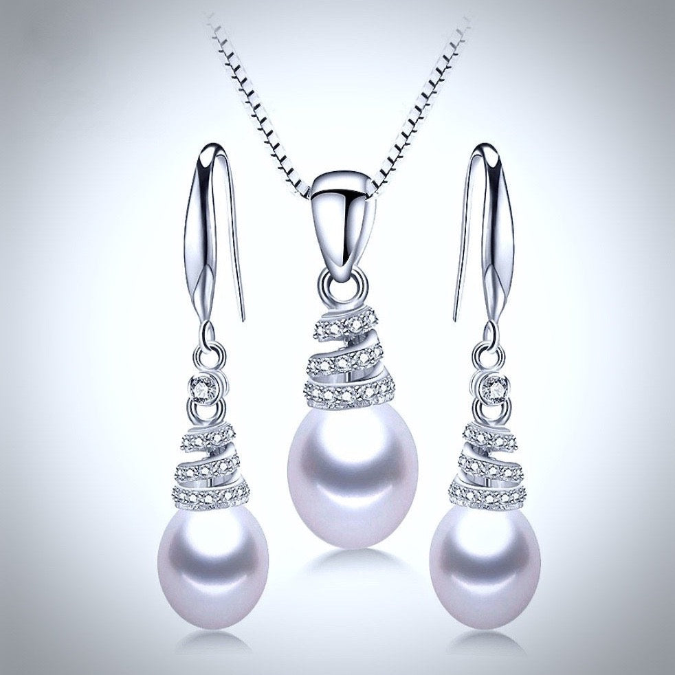 "Milena" - Freshwater Pearl and Sterling Silver Bridal Necklace and Earrings Set