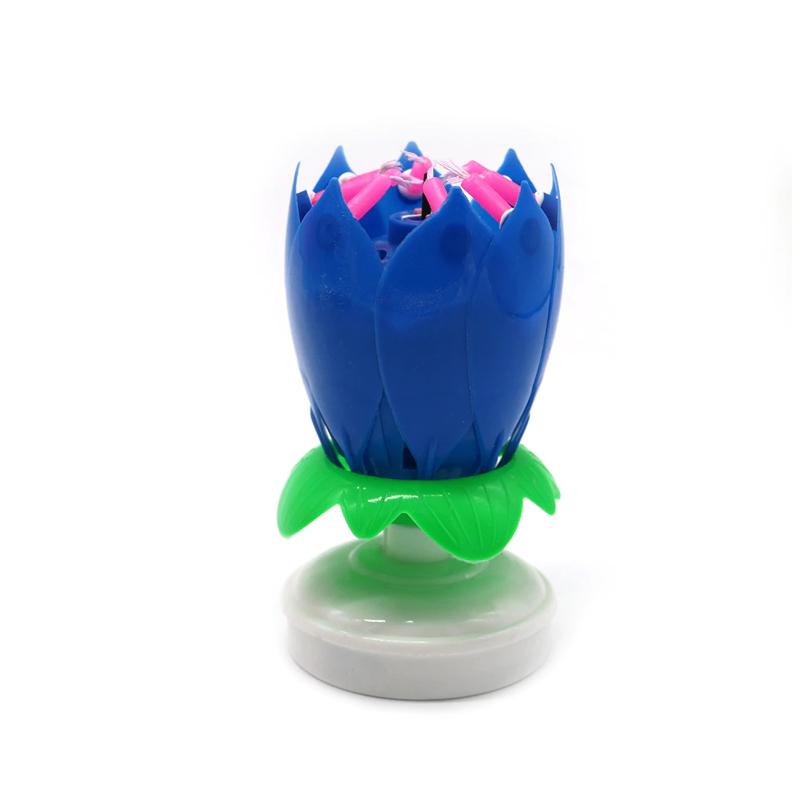 Blue "Happy Birthday" Singing Musical Flower Candle - Rotating Party Light Magical Lotus Music Cake Candles