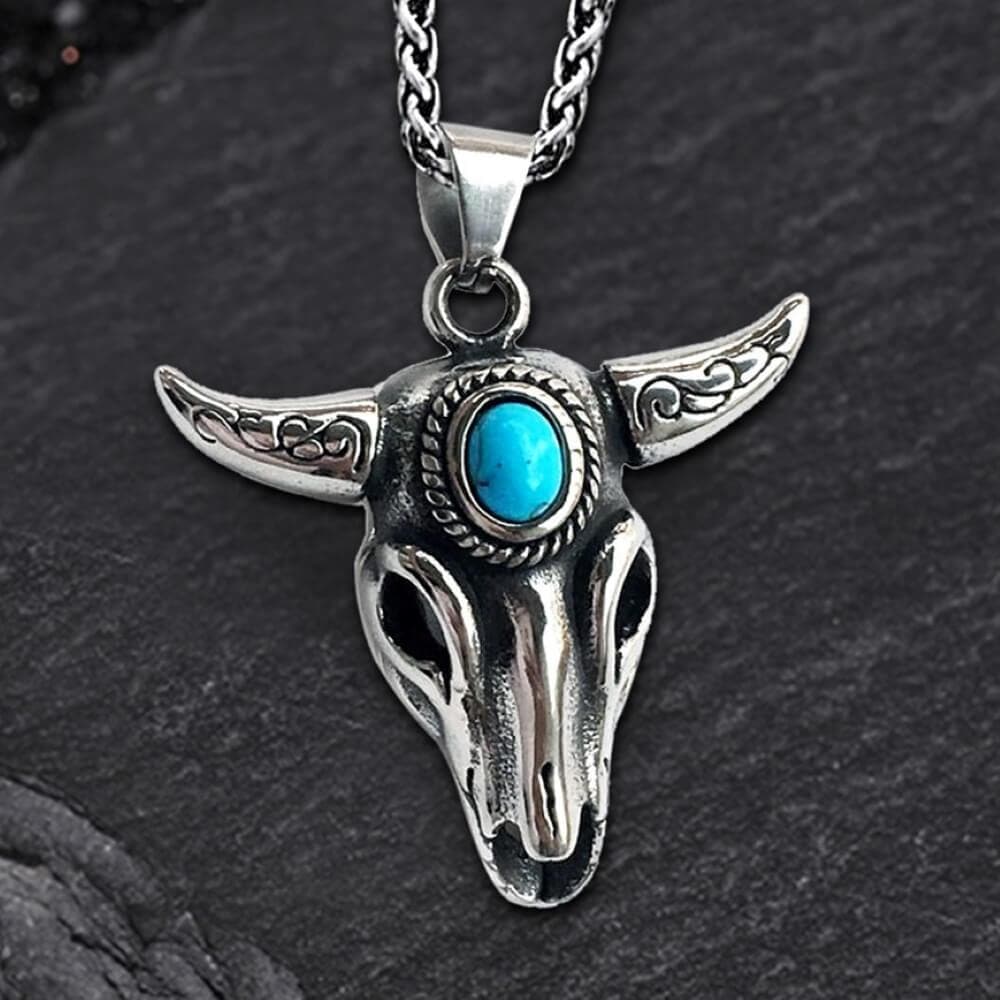 Bull Head Skull Stainless Steel Turquoise Pendant