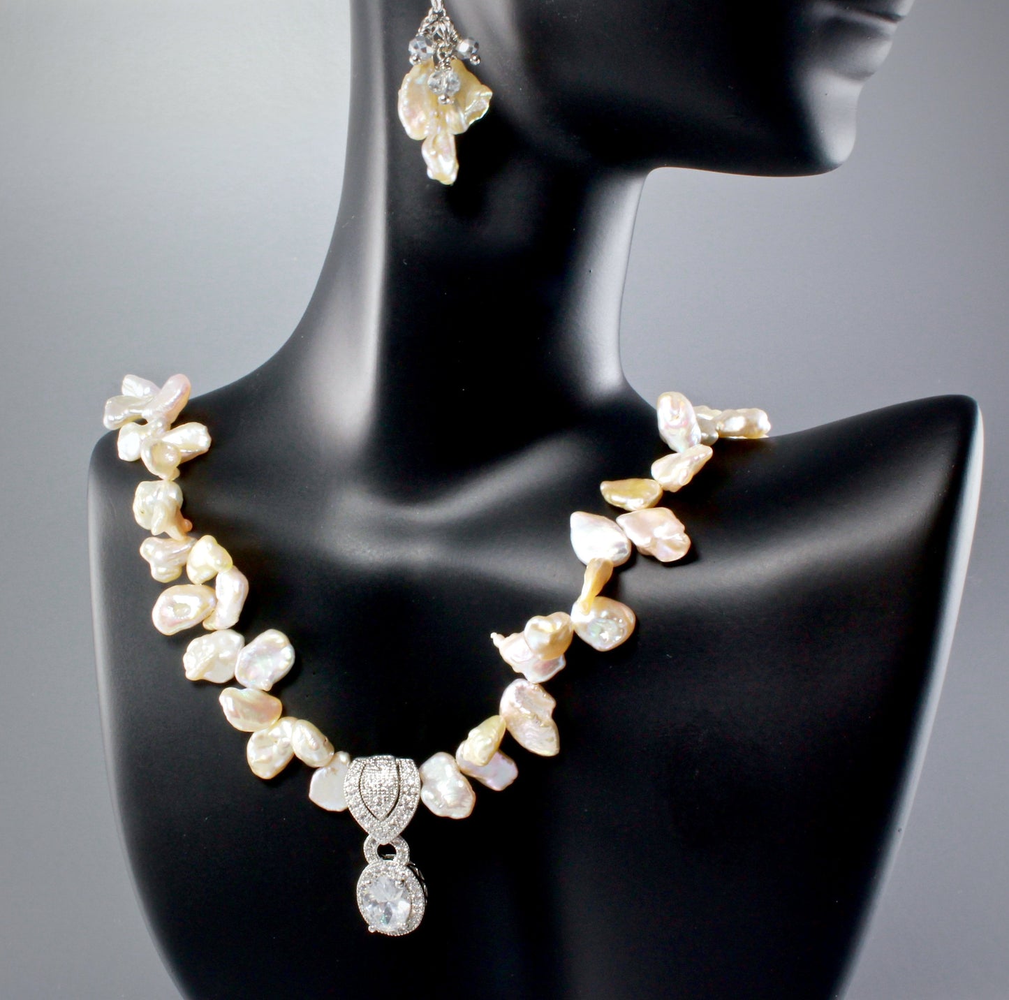 "Maura" - Keshi Pearls and Cubic Zirconia Bridal Necklace and Earrings Set