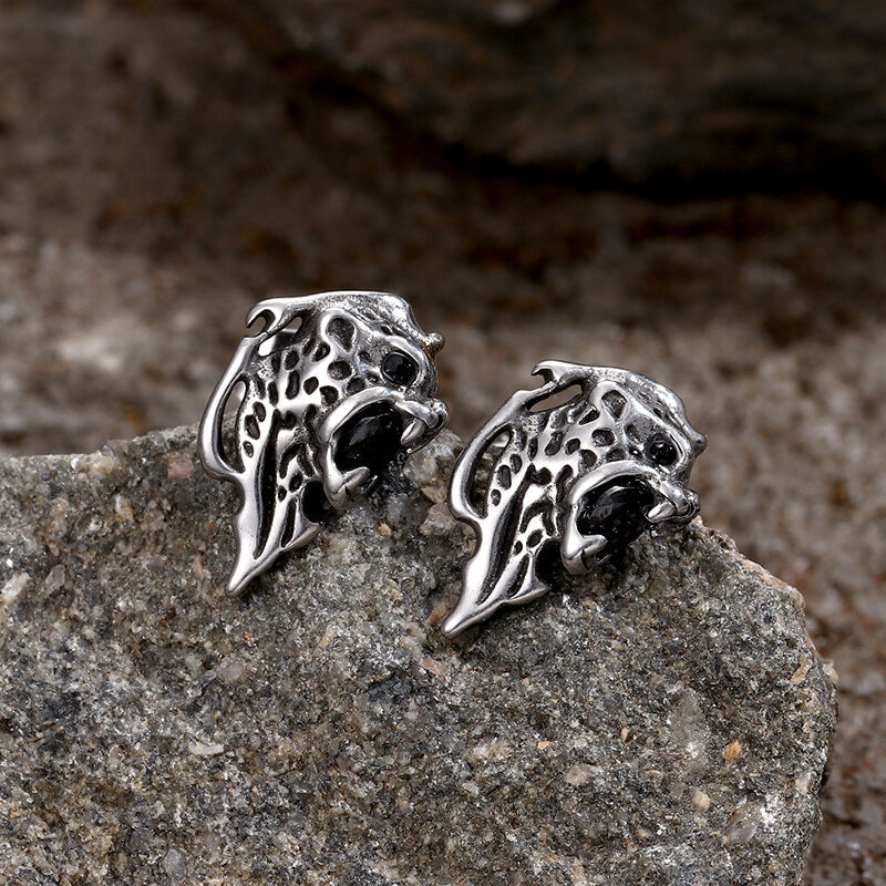Cheetah Head Gemstone Stainless Steel Stud Earrings