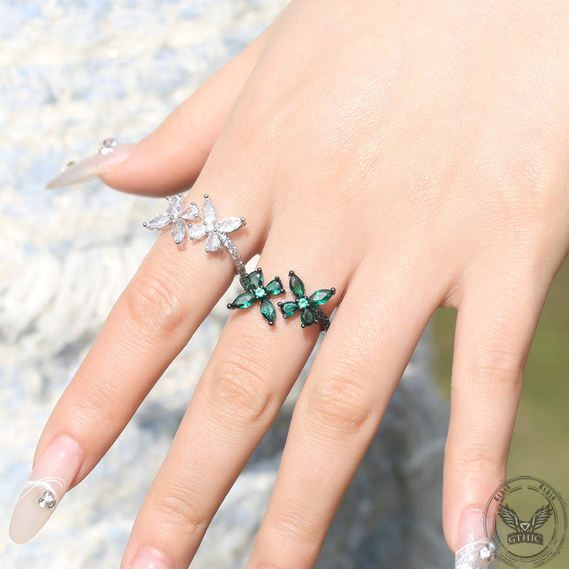 Double Butterfly Zircon Brass Open Ring