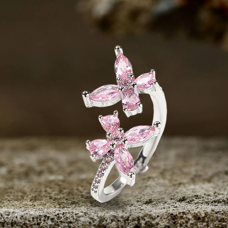 Double Butterfly Zircon Brass Open Ring