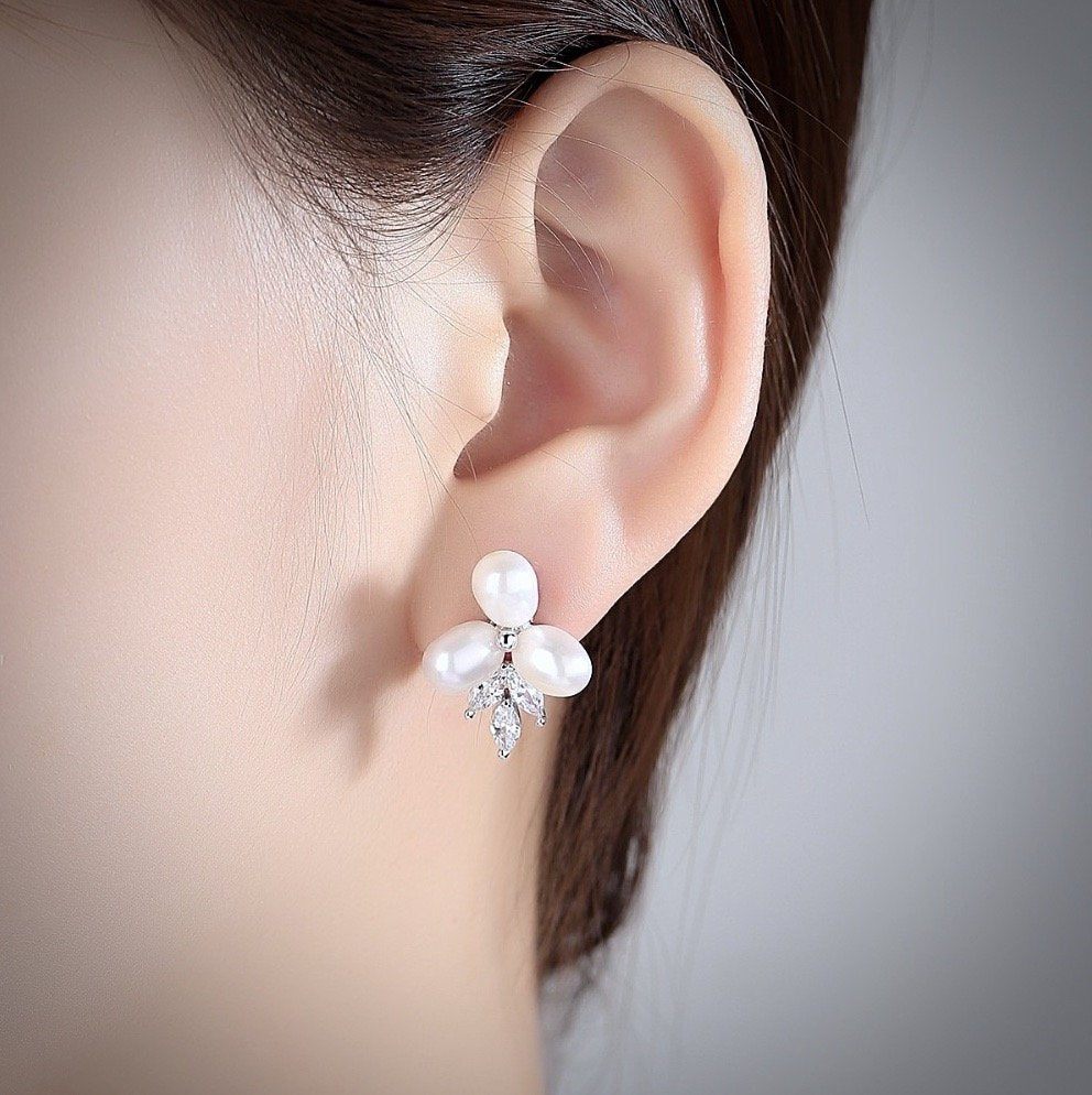 Lena - Freshwater Pearl and Cubic Zirconia Bridal Earrings