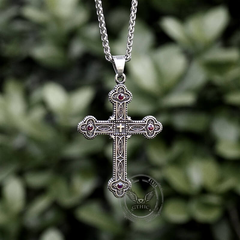Gem-Set Budded Cross Stainless Steel Pendant