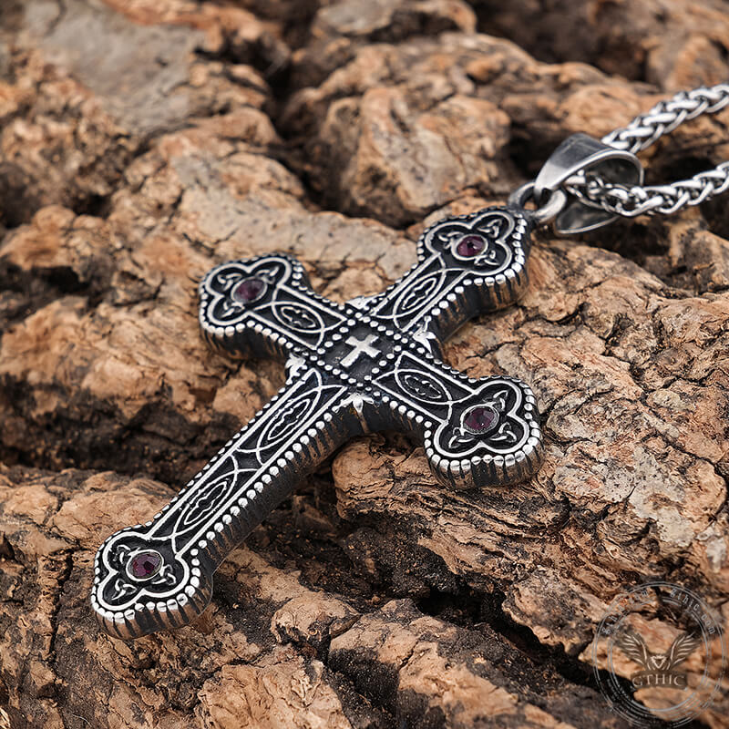 Gem-Set Budded Cross Stainless Steel Pendant