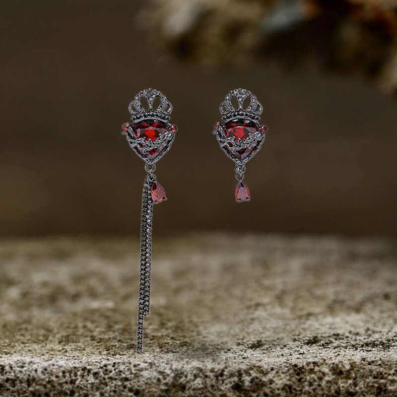 Gothic Crown Heart Chain Asymmetric Alloy Earrings