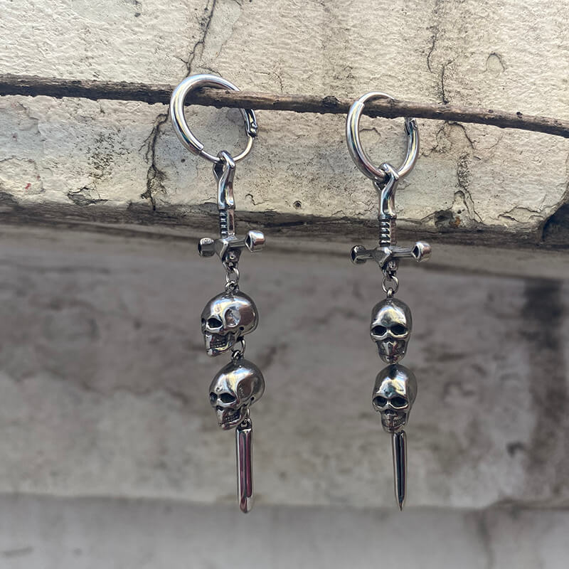 Gothic Sword Skulls Stainless Steel Hoop Earrings