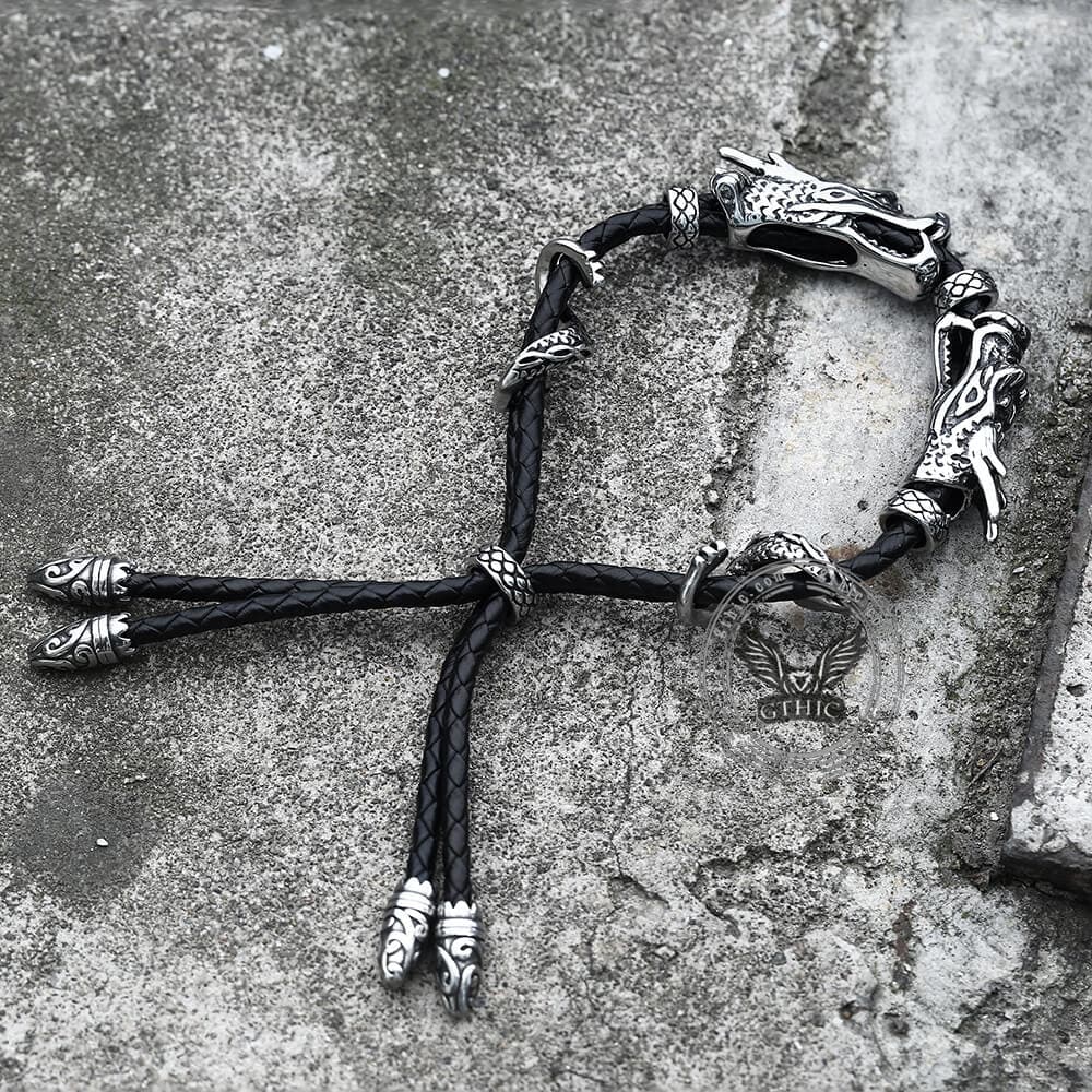 Vintage Double Dragon Stainless Steel Leather Animal Bracelet