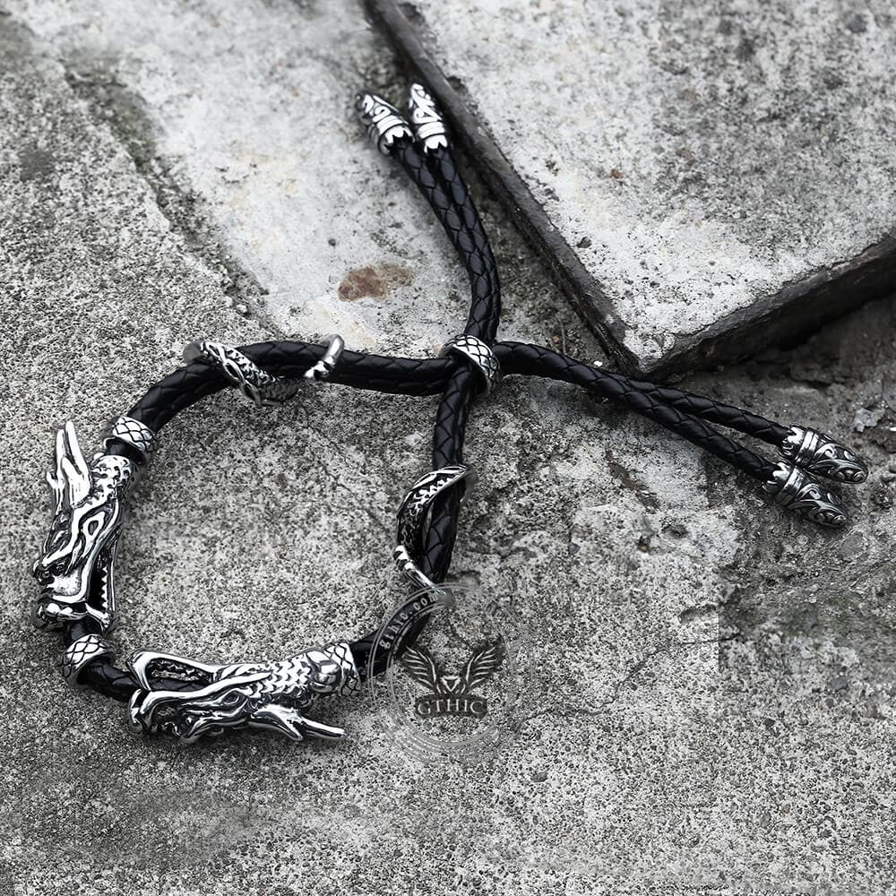 Vintage Double Dragon Stainless Steel Leather Animal Bracelet
