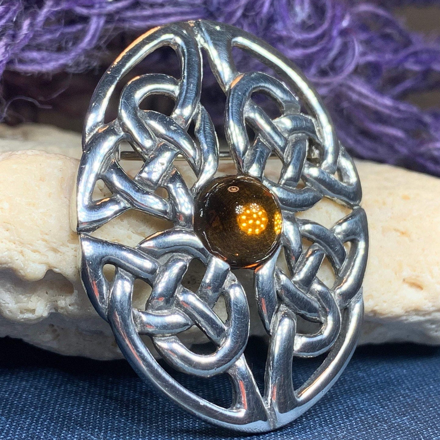 Amber Oval Celtic Knot Brooch