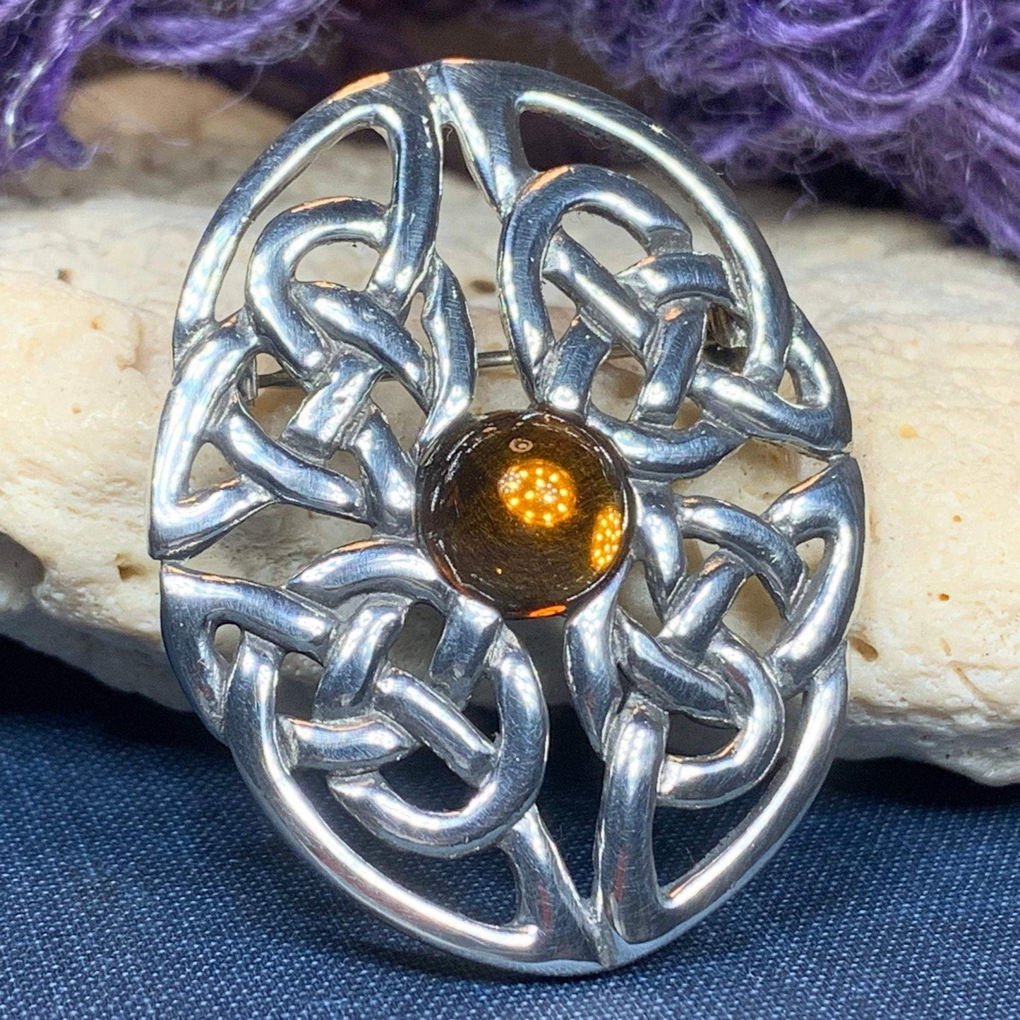 Amber Oval Celtic Knot Brooch