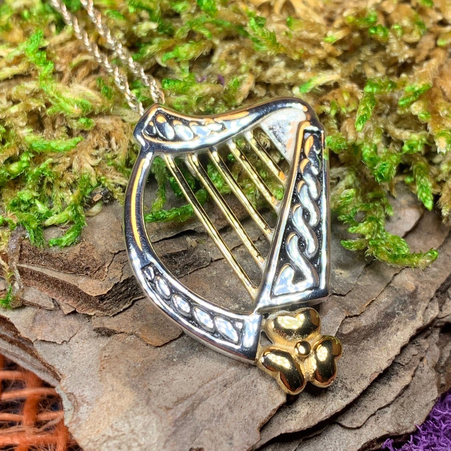 Golden Celtic Harp Necklace