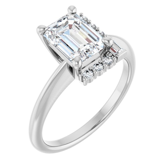 14K White 8x6 mm Emerald 1/8 CTW Natural Diamond Semi-Set Engagement Ring