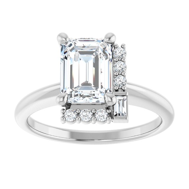 14K White 8x6 mm Emerald 1/8 CTW Natural Diamond Semi-Set Engagement Ring