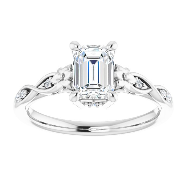 14K White 7x5 mm Emerald .06 CTW Natural Diamond Semi-Set Floral Engagement Ring