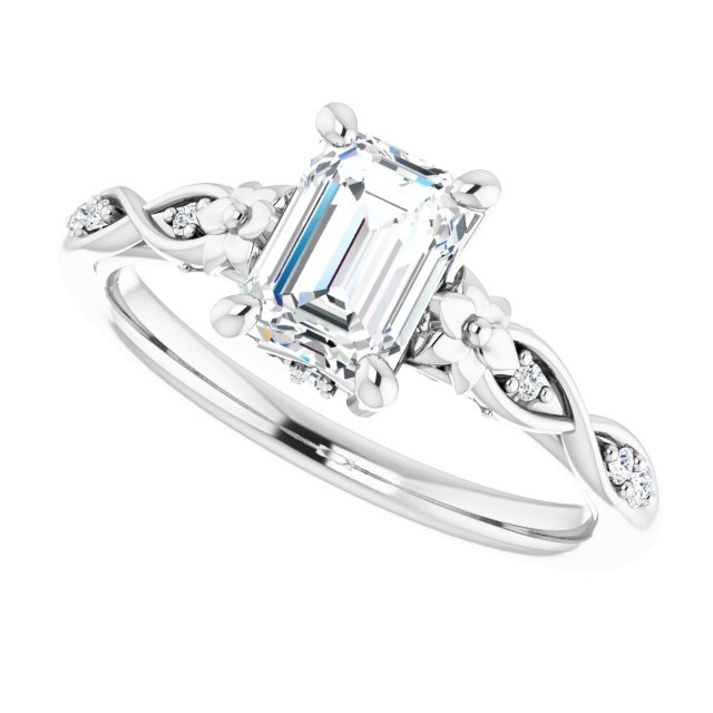 14K White 7x5 mm Emerald .06 CTW Natural Diamond Semi-Set Floral Engagement Ring