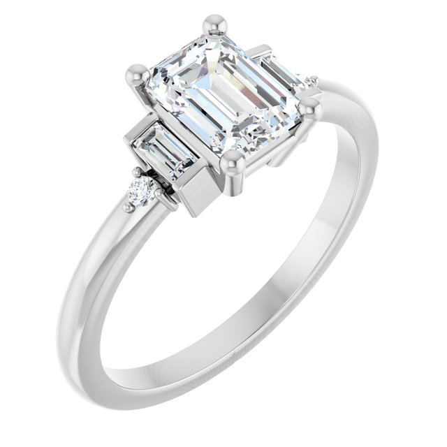 14K White 7x5 mm Emerald 1/10 CTW Natural Diamond Semi-Set Engagement Ring