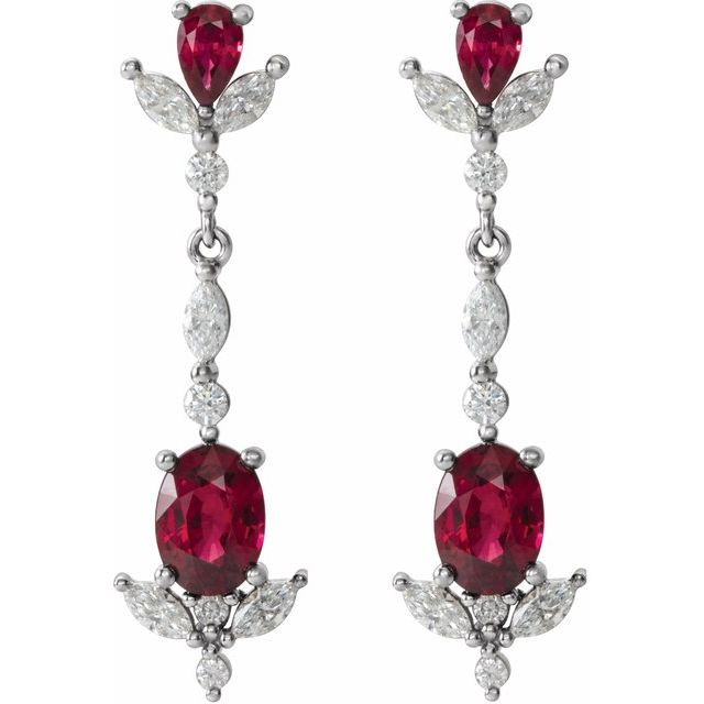 14K White Natural Ruby & 3/4 CTW Natural Diamond Dangle Earrings
