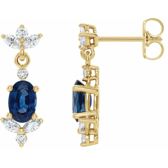 14K Yellow Natural Blue Sapphire & 1/3 CTW Natural Diamond Earrings