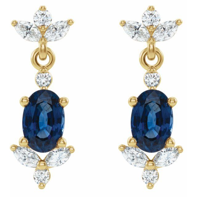 14K Yellow Natural Blue Sapphire & 1/3 CTW Natural Diamond Earrings