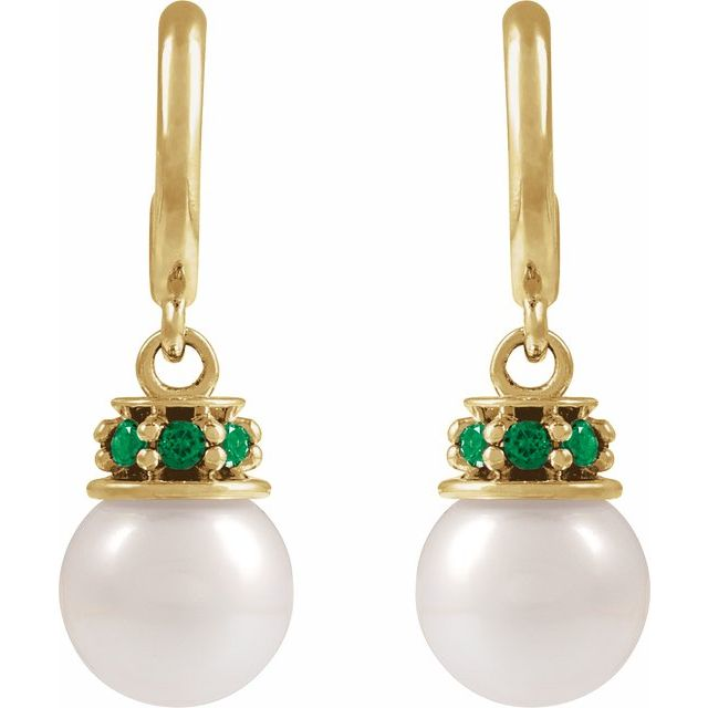 14K Yellow Cultured White Freshwater Pearl & Natural Tsavorite Garnet Hoop Earrings